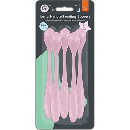 5 Pink Long Handle Baby Feeding Spoons