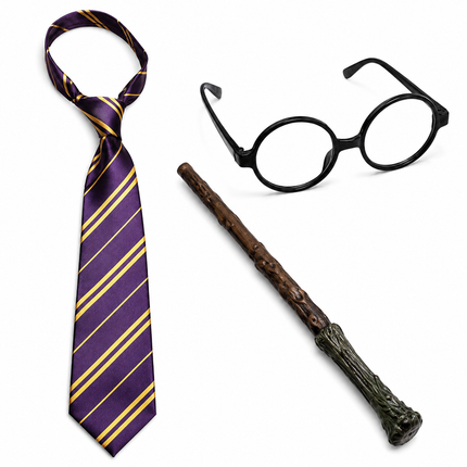 Wizard Fancy Dress Costume Accessory Set – Tie, Wand & Round Glasses