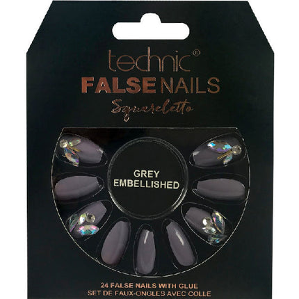 Technic Squareletto Grey Embellished False Nails