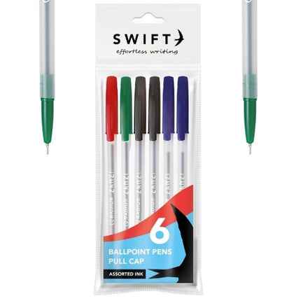6 Assorted Pull Cap Ballpoint Pens