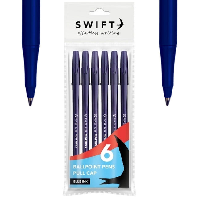 6 Blue Pull Cap Ballpoint Pens