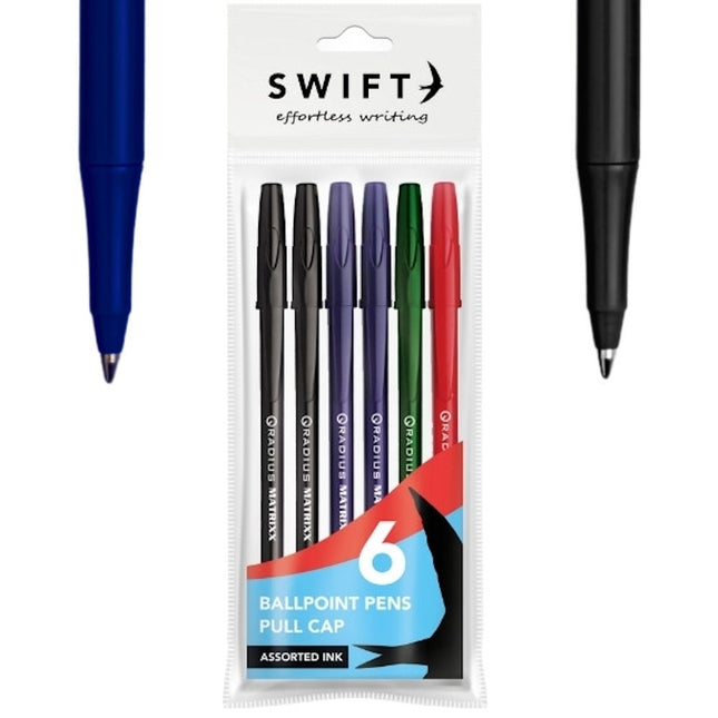 6 Assorted Pull Cap Ballpoint Pens