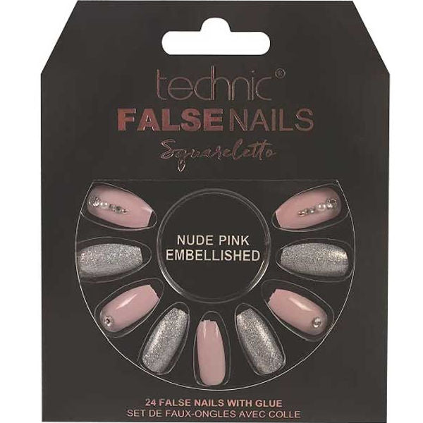 Technic Squareletto Nude Pink Embellished False Nails