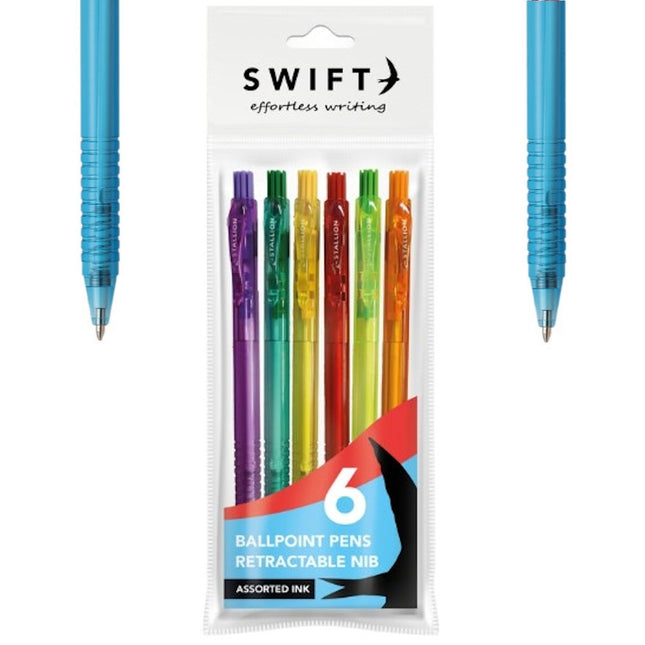 6 Assorted Colourful Retractable Ballpoint Pens