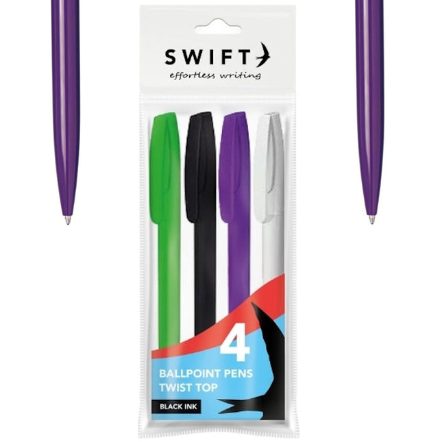 4 Colourful Twist Black Ink Pens