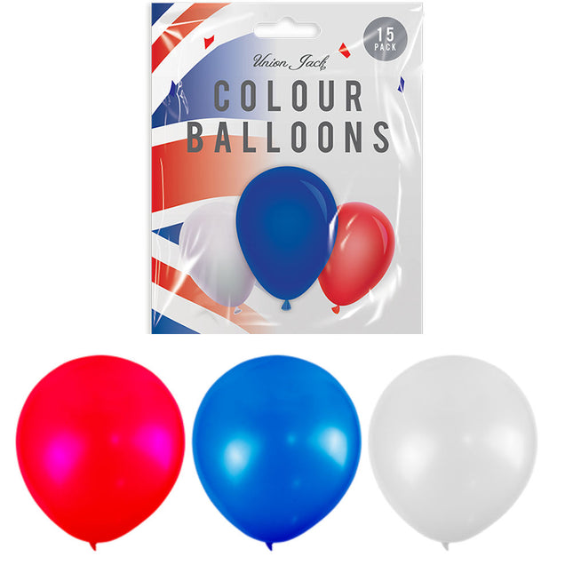 15 Red, White & Blue Coloured Balloons